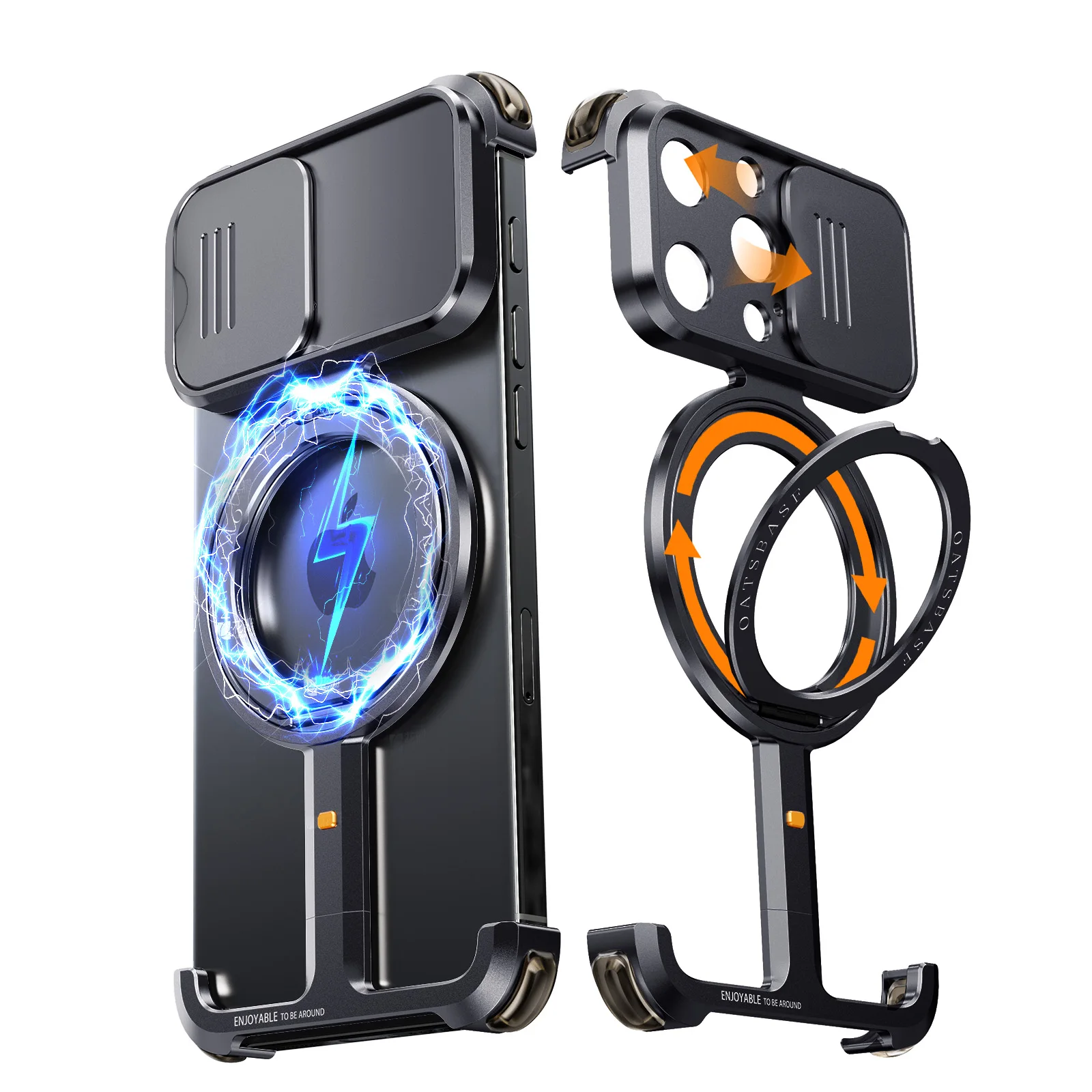 Capa De Titânio Para Iphone 16 Pro (preta) Com Suporte Magnético Giratório Magsafe De 360°.