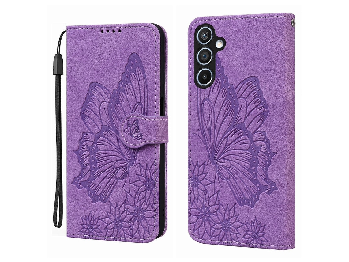 Capa De Celular De Couro Com Estampa De Borboletas Retrô E Relevo Horizontal