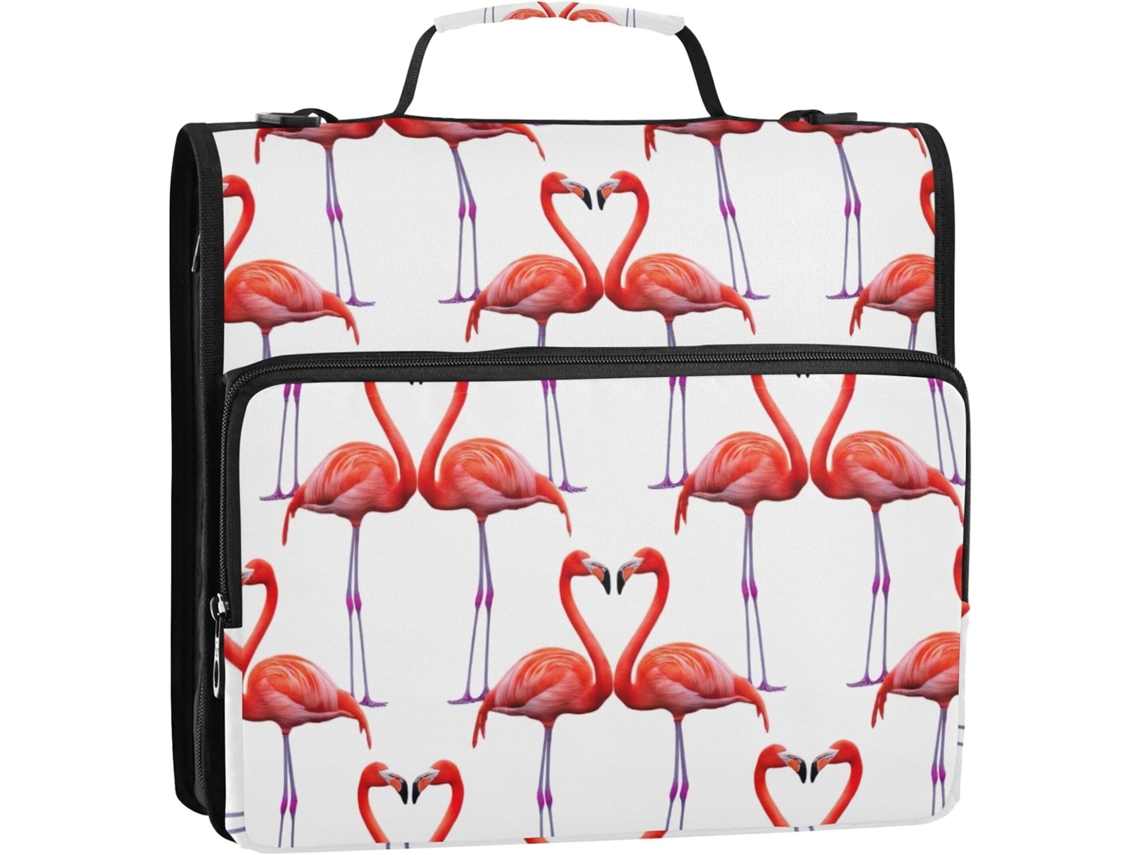 Pasta Organizadora Com Fecho De Zíper, Estampa De Flamingo Rosa Em Formato Coração, Branca, Com 3 Argolas E Alça