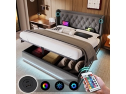 Cama Contentora Acolchoada 160 X 200 Cm Em Tecido De Algodão - Com Função De Carga E Led Ao Pé Da Cama - Cinzento
