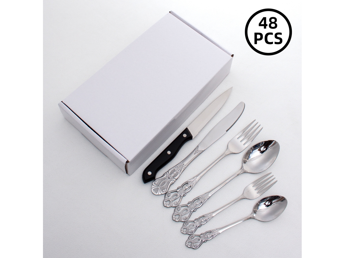 Conjunto De Jantar De 48 Peças - Prata, Com Talheres E Colheres Em Aço Inoxidável Com Relevo Vazado.