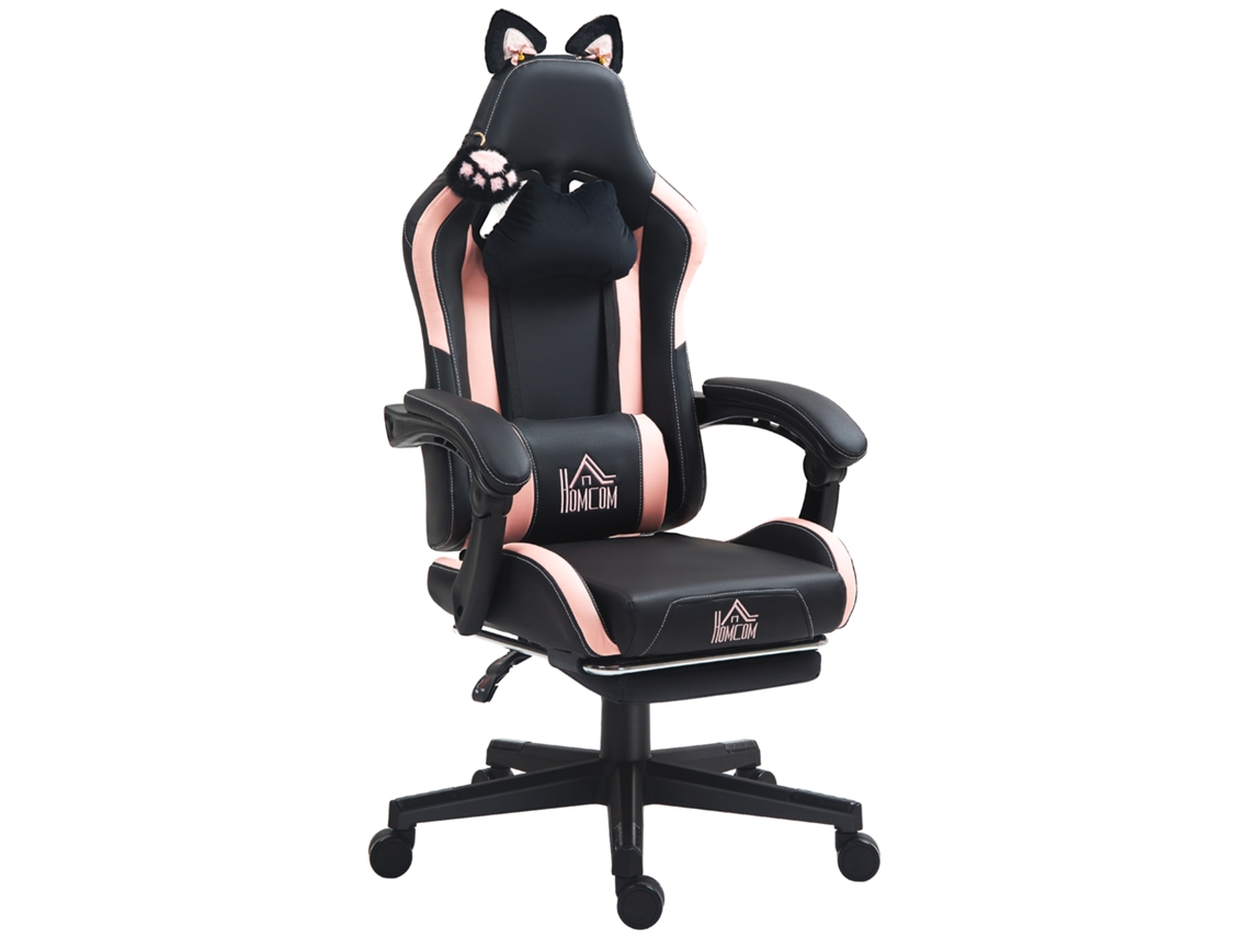 Cadeira Gaming Com Orelhas Gamer Reclinável Com Altura Ajustável E Suporte Lombar 65x62x116-124 Cm Preto E Rosa