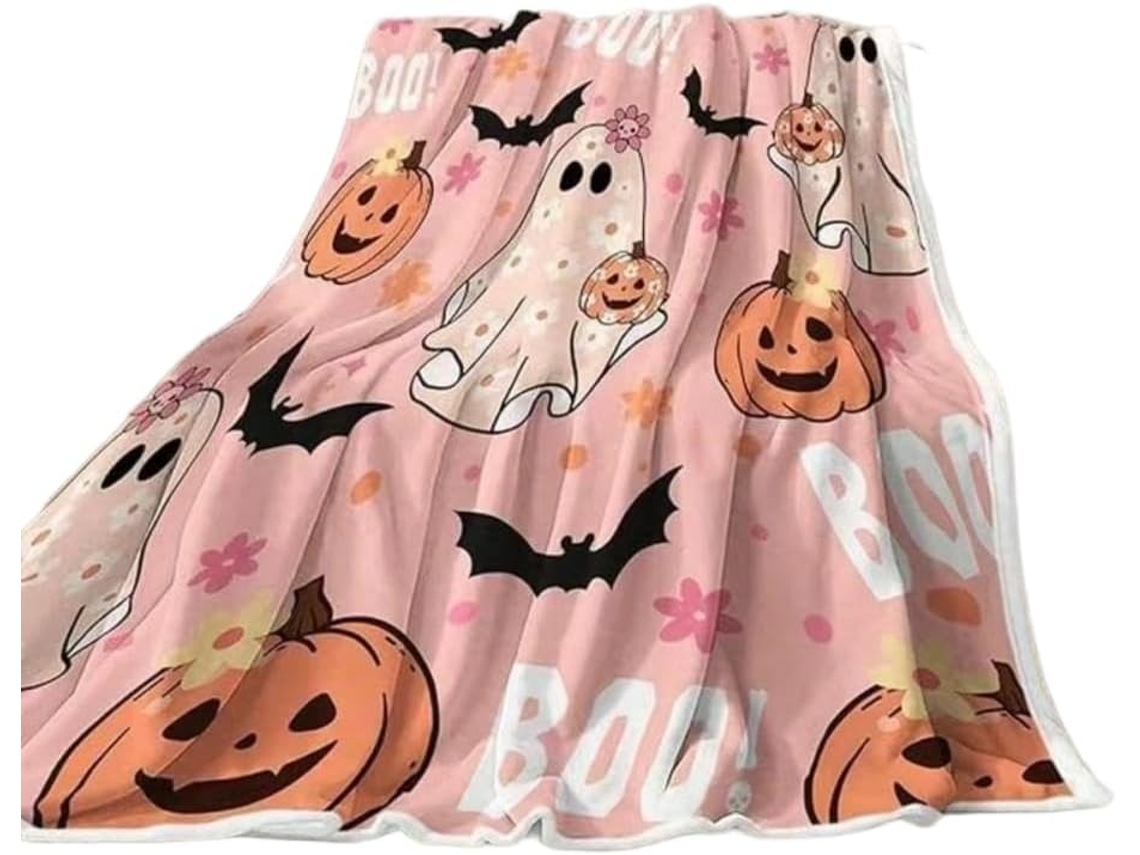 Manta Syjym de Halloween com Estampa Fantasmas e Abóboras Macia Felpuda Perfeita para Decoração Casa Sofá Cama