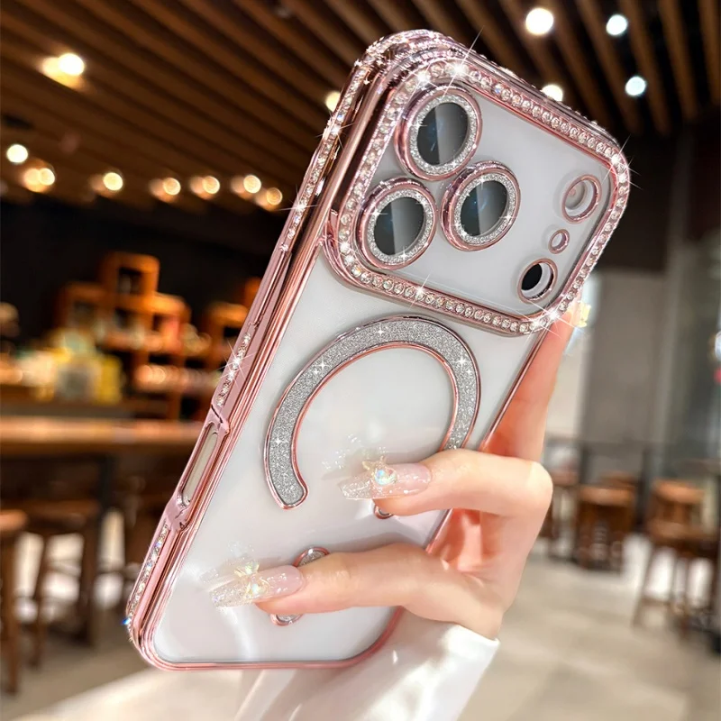 Capa Magnética Para Celular Com Glitter Eletrodepositado (rosa Para Iphone 17), Feita De Silicone Macio.