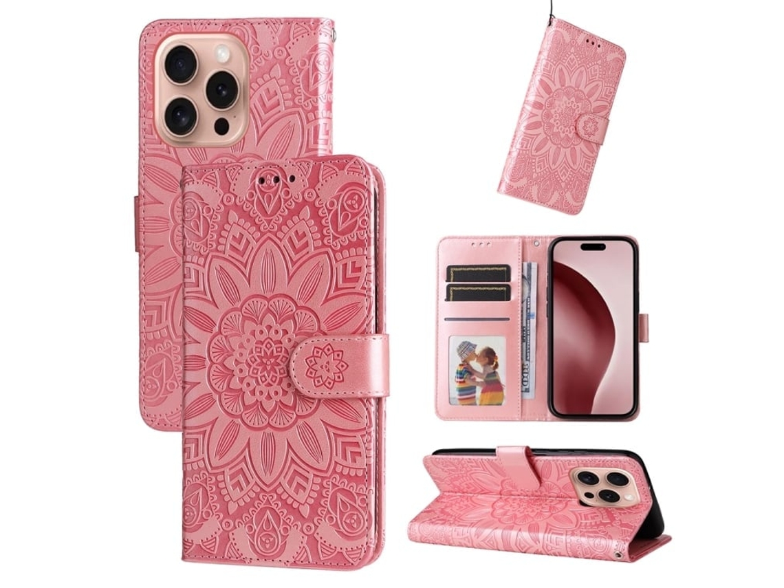 Capa De Couro Para Iphone 16 Pro - Estampa De Girassol Em Relevo