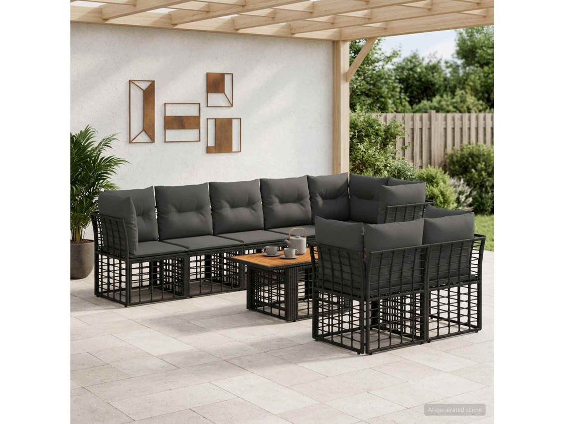Vidaxl Conjunto De Sofá De Jardim 9 Unid. Preto E Cinza Escuro Vime Pe