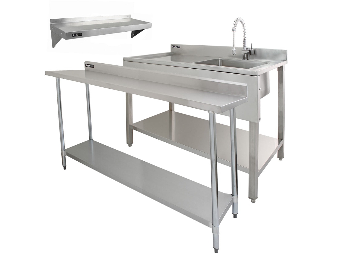 Conjunto Profissional Kukoo Em Aço Inoxidável Com Lava Louças Comercial, Mesa De Catering E Prateleiras De Parede Para Monstershop