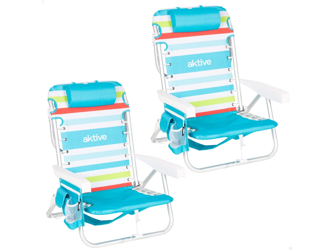 Pack de 2 Cadeiras de Praia AKTIVE multicoloridas, 50x53x77 cm, 5 posições, até 110 kg, com almofada e bolso