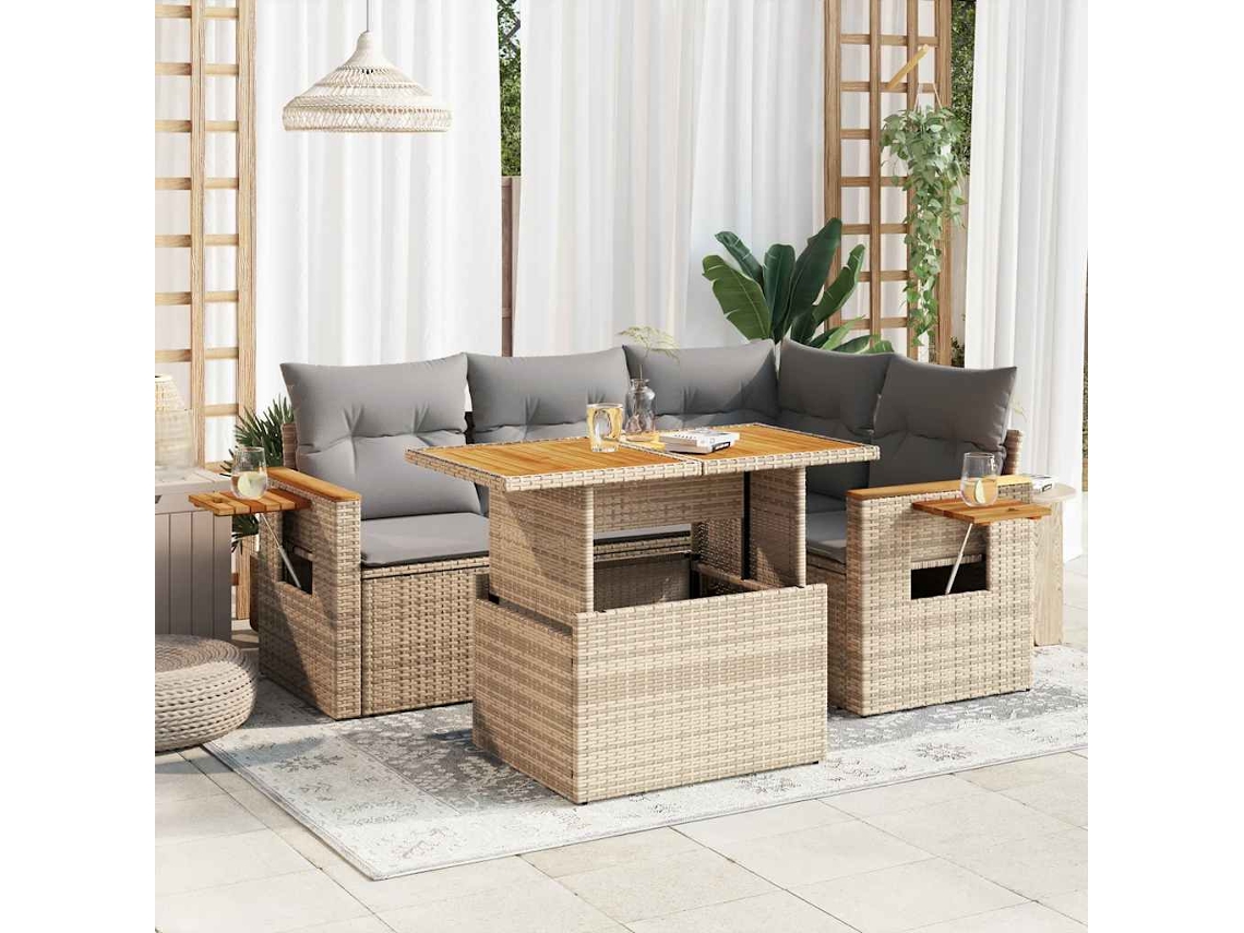 Vidaxl 5 Pcs Conj. Sofás P/ Jardim C/ Almofadões Vime Pe/acácia Bege