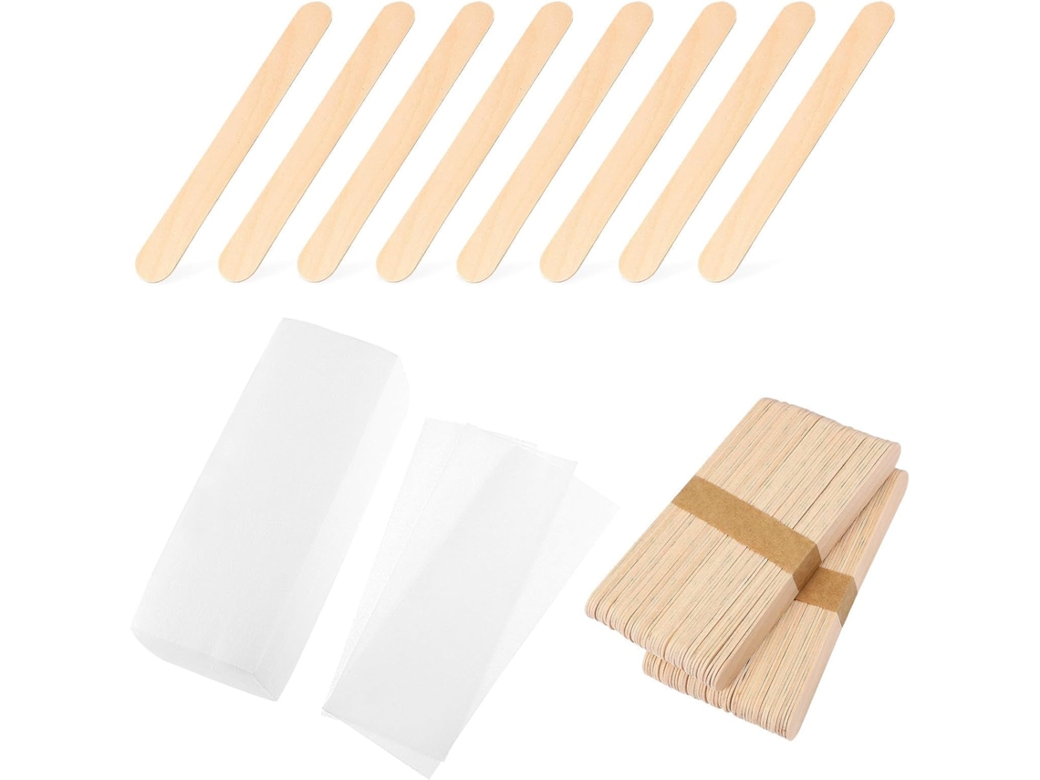 Kit de depilação feminina com 200 tiras de cera não tratada e 100 espátulas para cera.