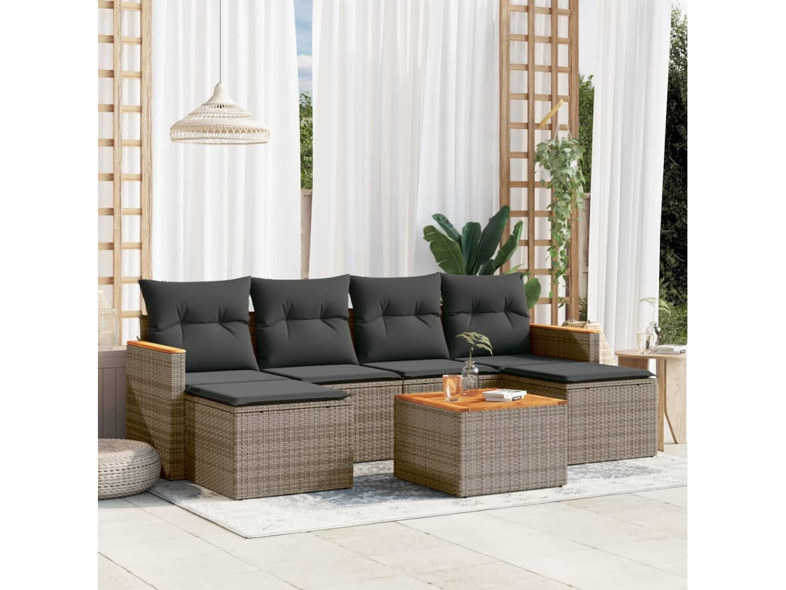 Vidaxl 7 Pcs Conjunto Sofás P/ Jardim C/ Almofadões Vime Pe Cinzento