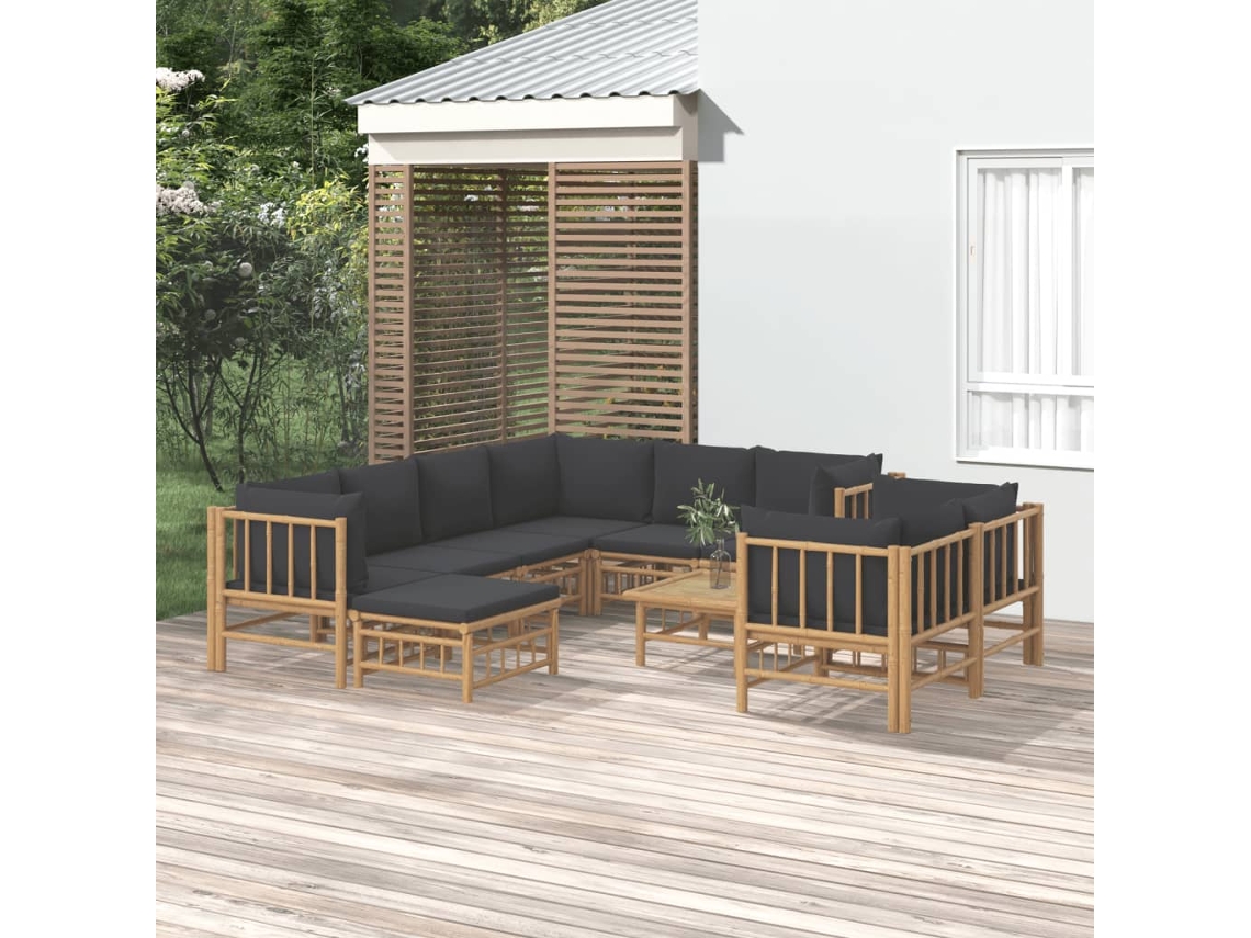 10 Pcs Conj. Lounge De Jardim Bambu C/ Almofadões Cinza Escuros Dkd Home Decor