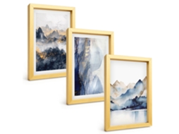 Quadros Decorativos Para Paredepaisagens De Montanha, Azul E Cinza Moldura Dourada Quadros Para O Escritório Espelharte (3 Peças 20x30 Cm)