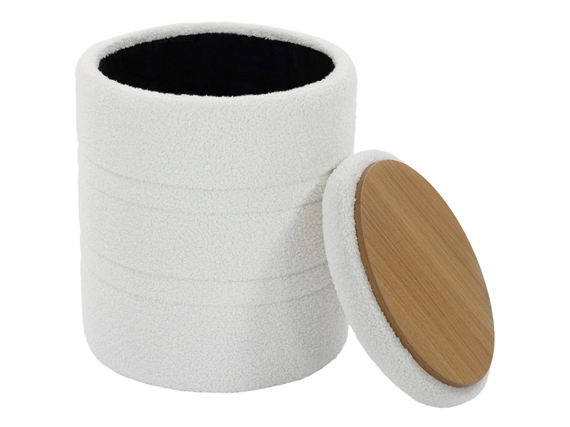 Pufe Arrumação 33l De Peluche Com Tampa Reversível, Taburete Redondo Para Sala Ou Quarto, Branco