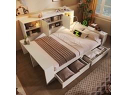 Cama de arrumação branca 140x200 Cm com gavetas, portas integradas, Usb, design compacto, sem colchão VSOGA