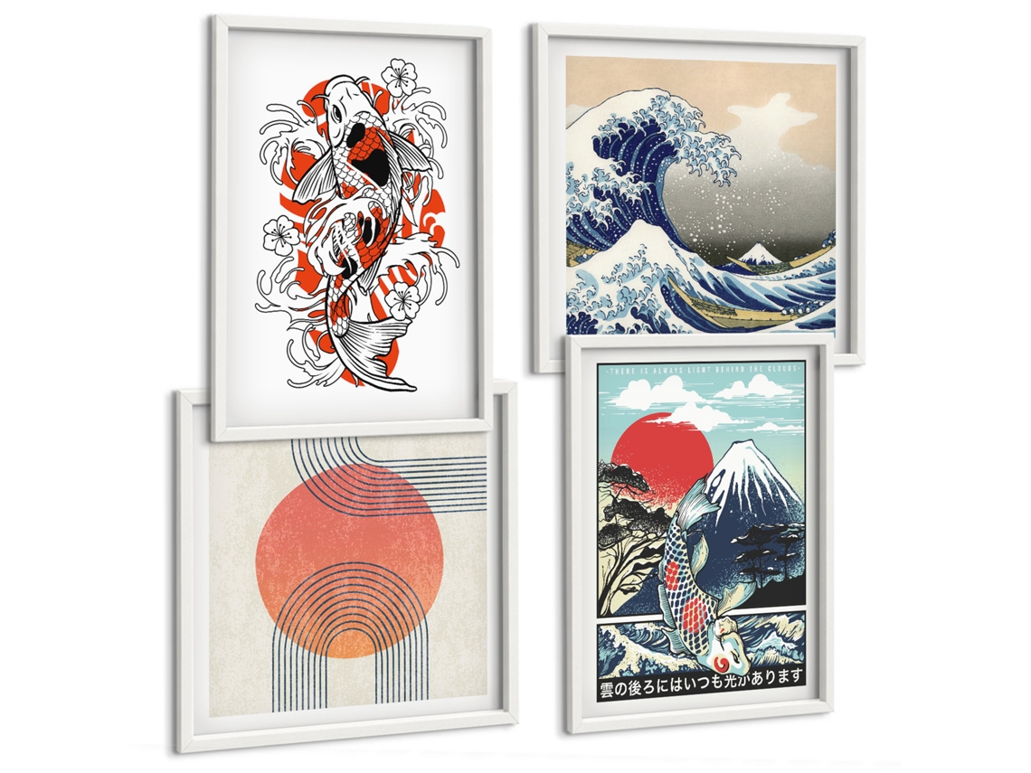 Composição De Quadros Arte Japonesa Motivos Ondas Espelharte (4 Peças)