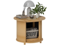 Mesa De Centro Redonda Em Bambu Com Armazenamento Oculto E Porta Deslizante, Ø 60 X 45 Cm, Estilo Natural Para Sala De Estar.