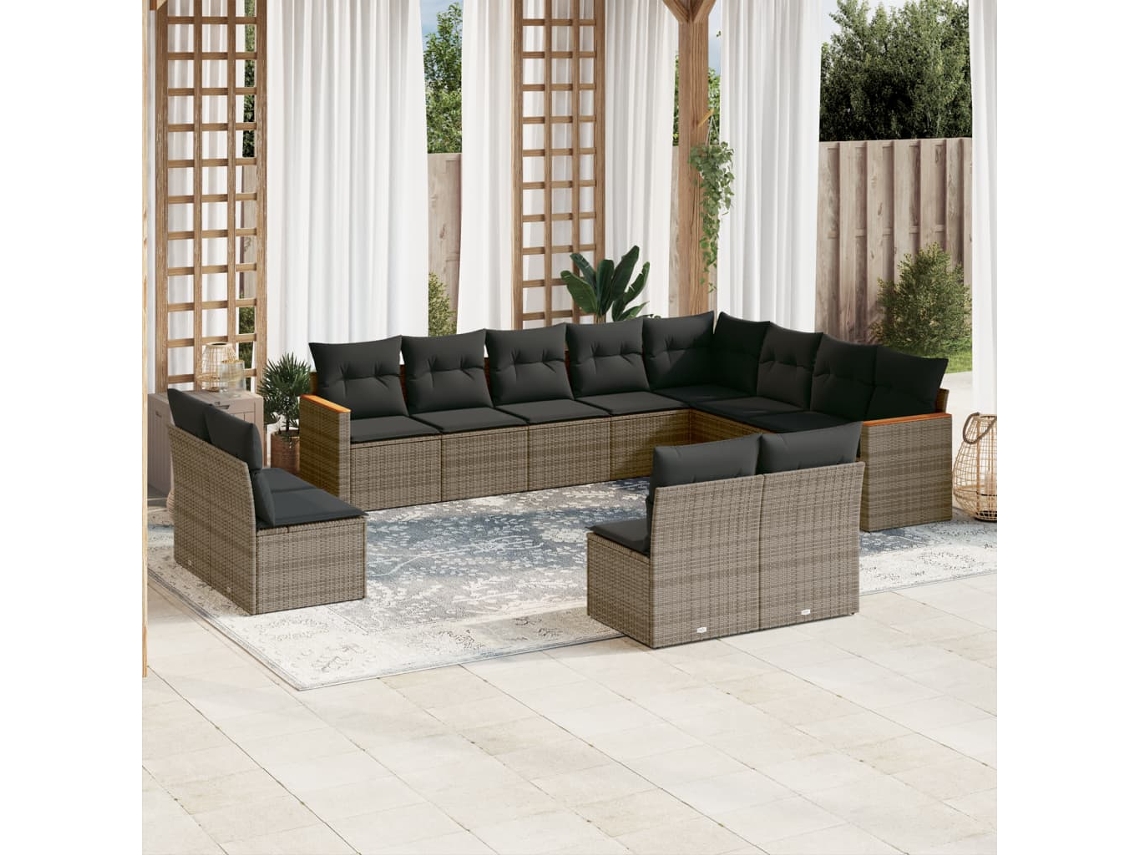 Conjunto de Sofás 12 Peças Jardim C/ Almofadões Vime Pe Cinzento Dkd Home Decor