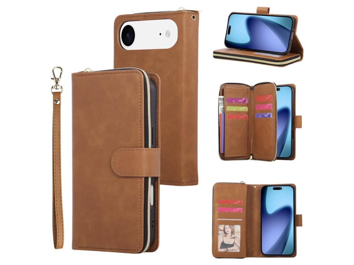 Capa De Couro Para Iphone 17 Air Com 9 Compartimentos Para Cartões E Zíper.
