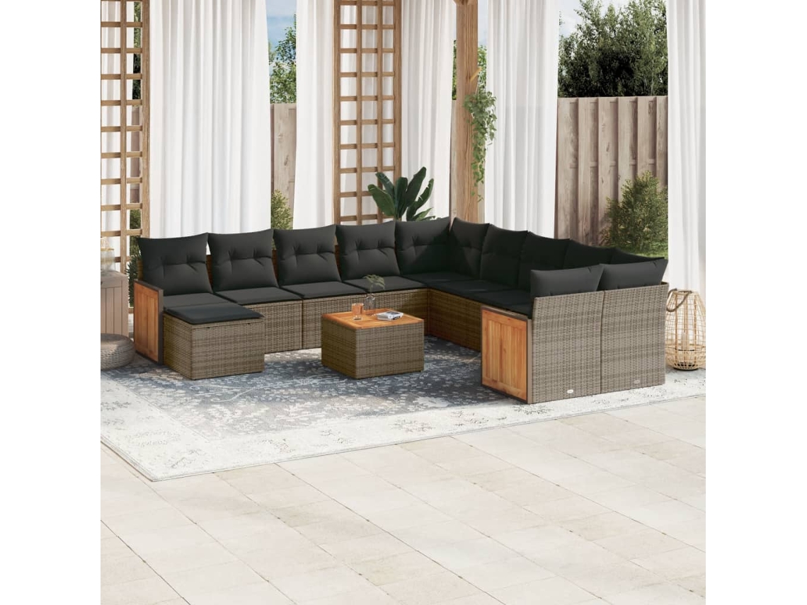 Vidaxl 12 Pcs Conjunto De Sofás Jardim C/ Almofadões Vime Pe Cinzento