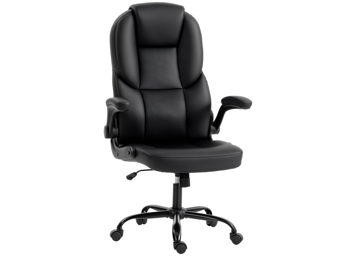 Cadeira de escritório giratória com função balanço, braços rebatíveis, encosto alto, ajuste de altura (preto) BTFORUS