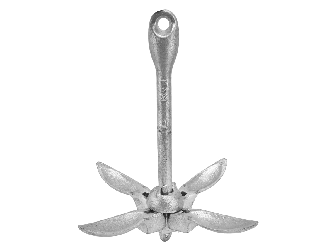 Âncora dobrável em aço carbono galvanizado, 4 braços, 1,5 kg, acessório para caiaque, canoa e barco, cor prata.