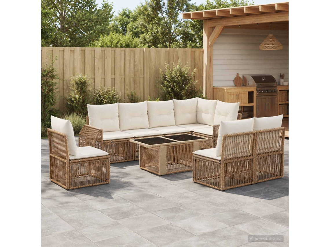 Vidaxl Conjunto De Sofá De Jardim 9 Unid. Bege E Branco Creme Vime Pe