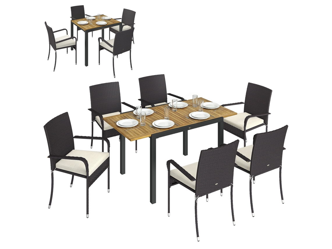 Conjunto de 7 Peças para Jardim em Vime e Cadeiras, com Mesa Extensível com Tampo de Madeira e 6 Cadeiras Empilháveis e Almofadas Ge