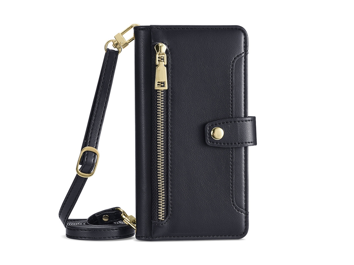 Capa De Celular Multifuncional Em Couro, Modelo Flip Crossbody, Compatível Com Iphone 17 Pro, Com Cordão. Cor Preta.