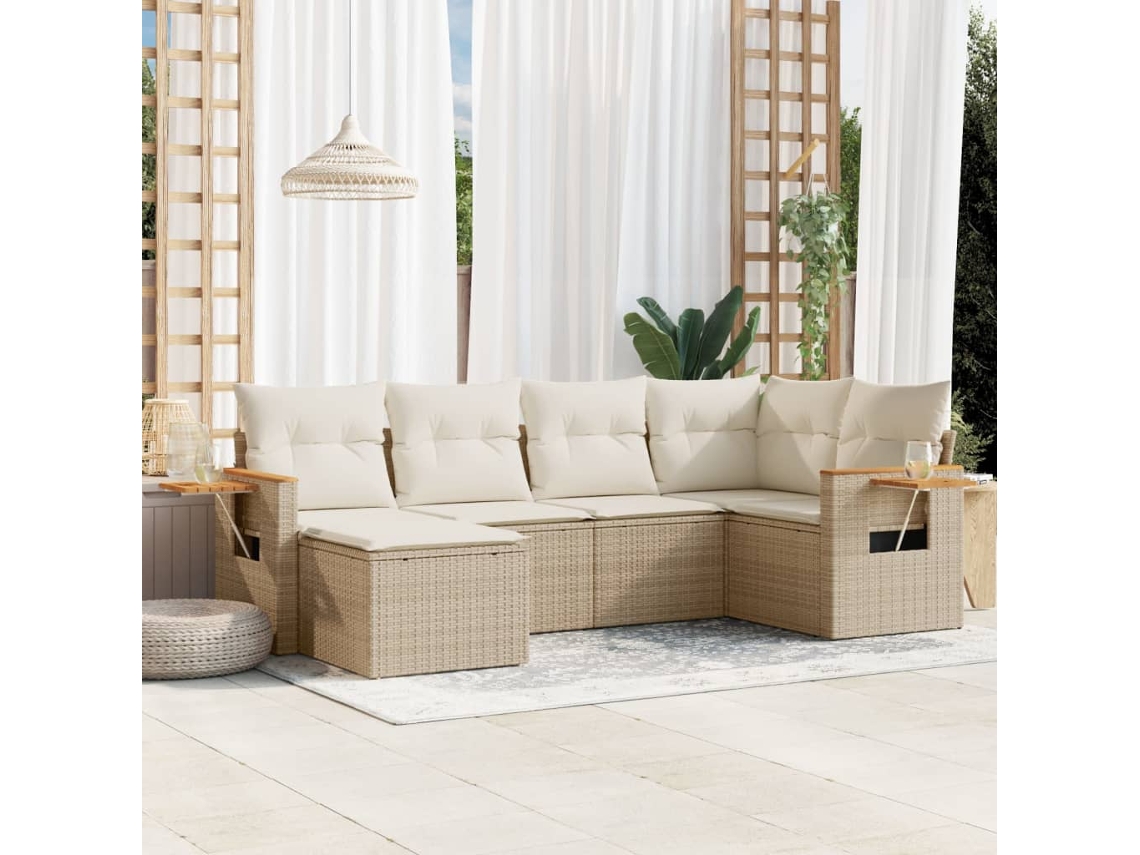 Vidaxl 6 Pcs Conjunto De Sofás P/ Jardim Com Almofadões Vime Pe Bege