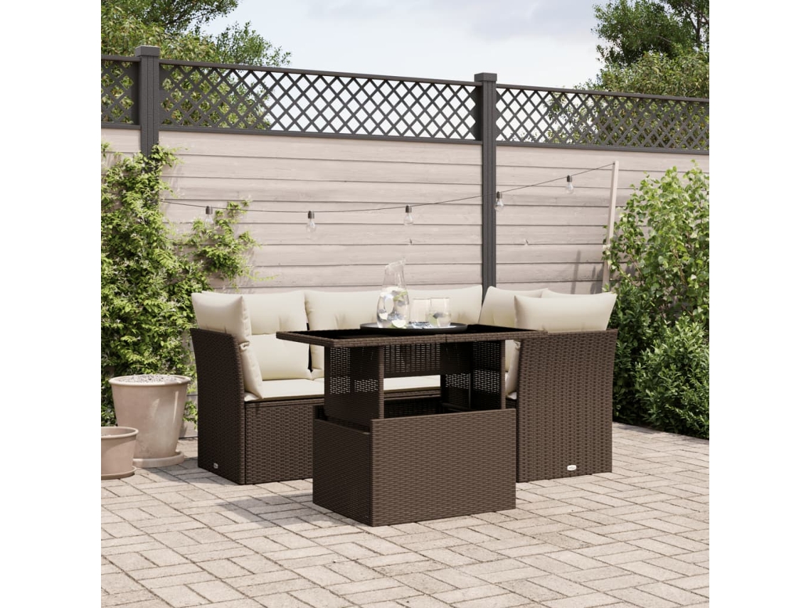 Vidaxl 5 Pcs Conjunto Sofás P/ Jardim C/ Almofadões Vime Pe Castanho