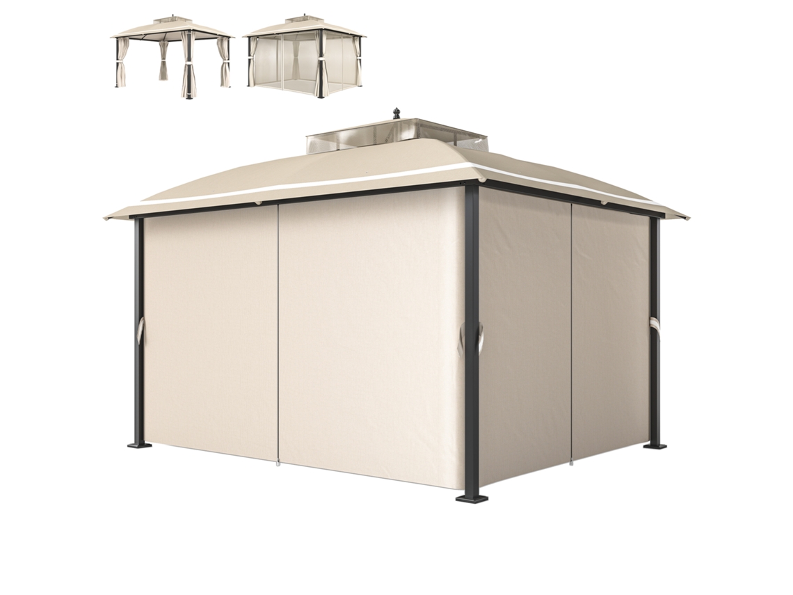 Tenda de Jardim S/MARCA 370x303x290 Cm, bege, teto duplo, com mosquiteiros e cortinas