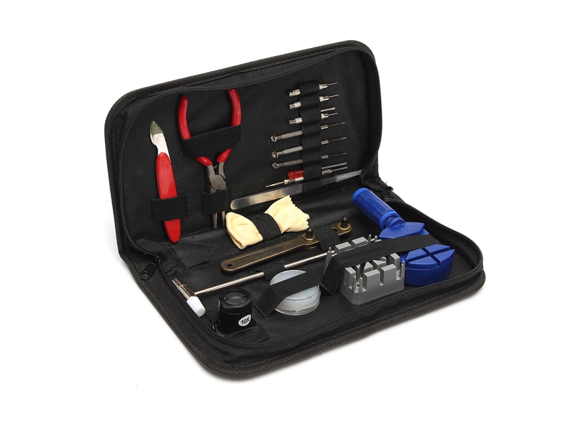 Kit de ferramentas para reparo de relógios com 19 peças para troca de pulseiras e abertura de caixas.