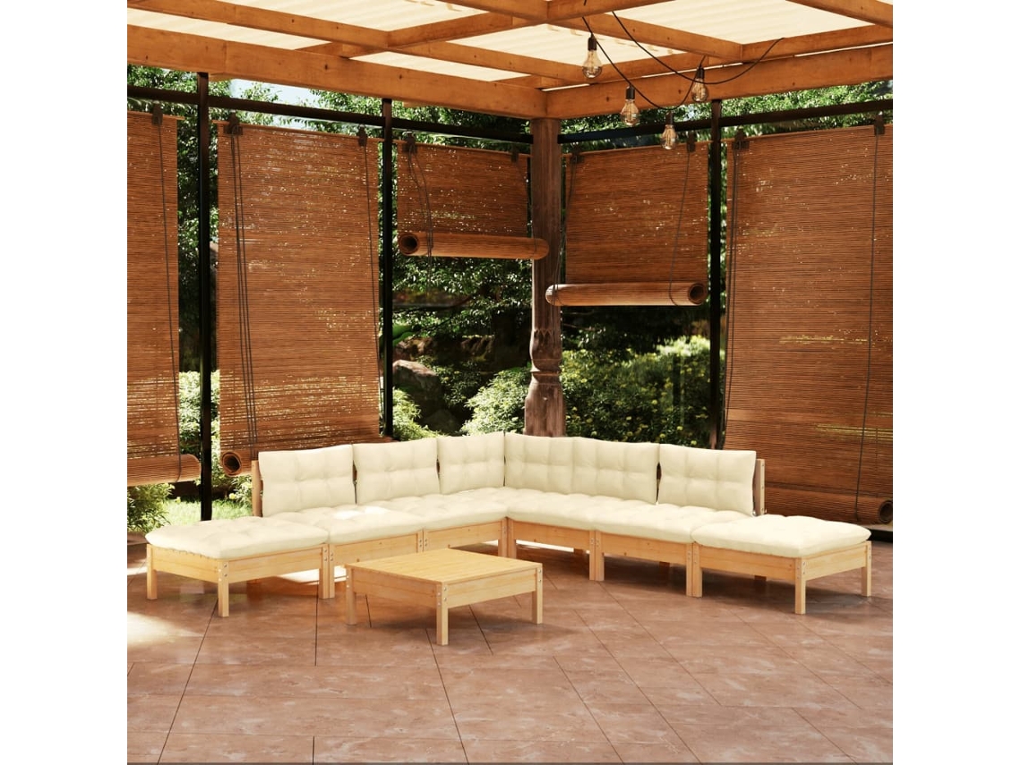 8 Pcs Conjunto Lounge Jardim C/ Almofadões Cor Creme Pinus Dkd Home Decor