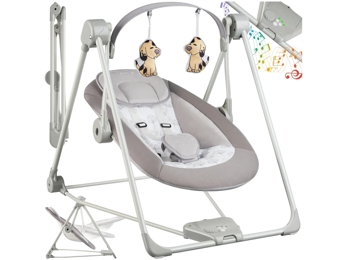 Baloiço Para Bebé Dobrável Tectake Com Estrutura Resistente, 5 Velocidades, 3 Peças, 56 X 75 X 68 Cm, Cinzento Claro