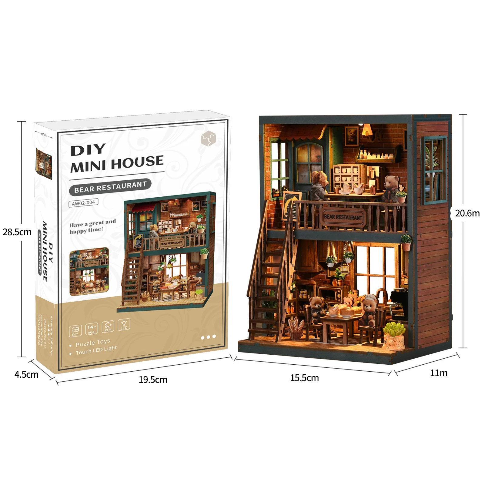 Casa de Bonecas de Madeira Faça Você Mesmo, Modelo de Restaurante com Urso Fofo em Miniatura. MDUG