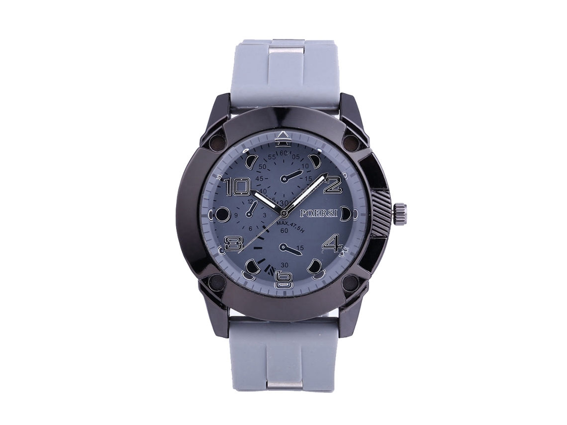 Relógio masculino casual com três fusos horários, pulseira de silicone, movimento de quartzo, cinza.