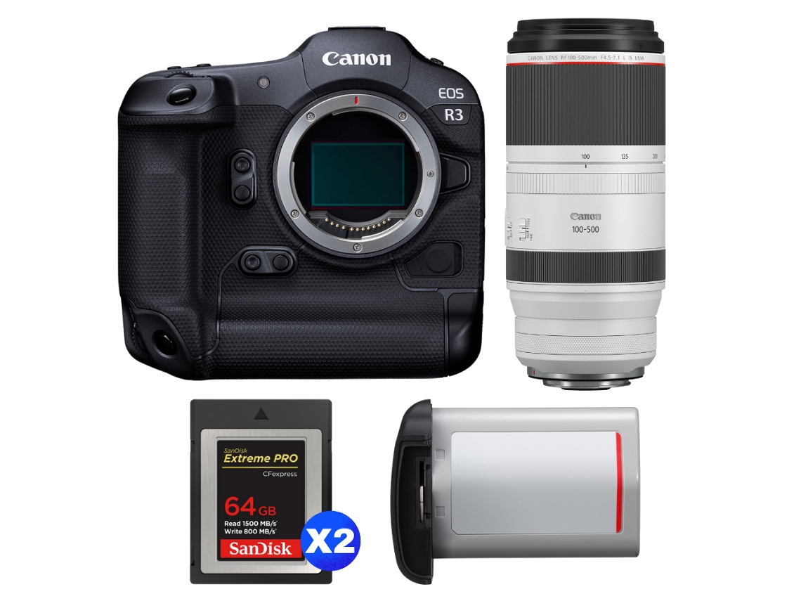 Eos R3 + Rf 100 500mm F/4.5 7.1 L Is Usm + 2 Sandisk 64gb Extreme Pro Cfexpress Type B + Canon Lp e19 + Ebook Pricedirect CANON