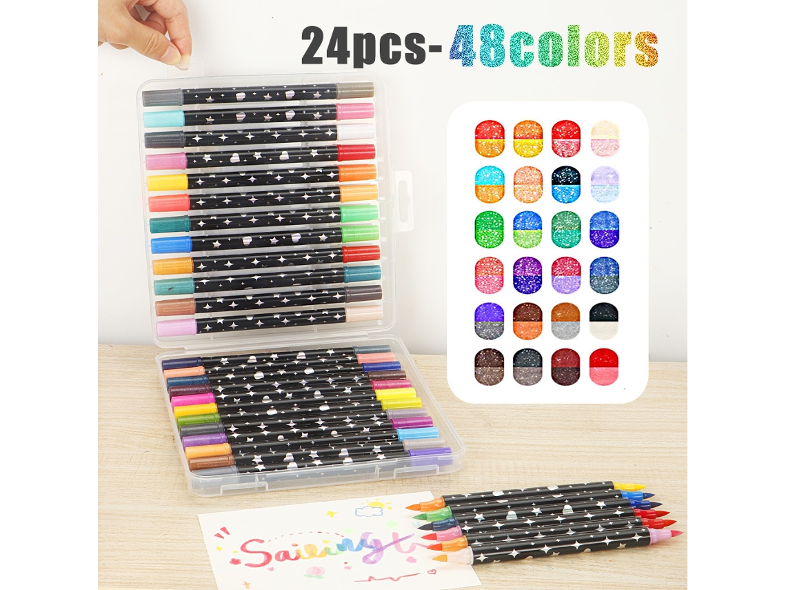 Conjunto de 48 Marcadores Acrílicos de Ponta Dupla com Glitter, Canetas com para Artistas AQUAFORGE