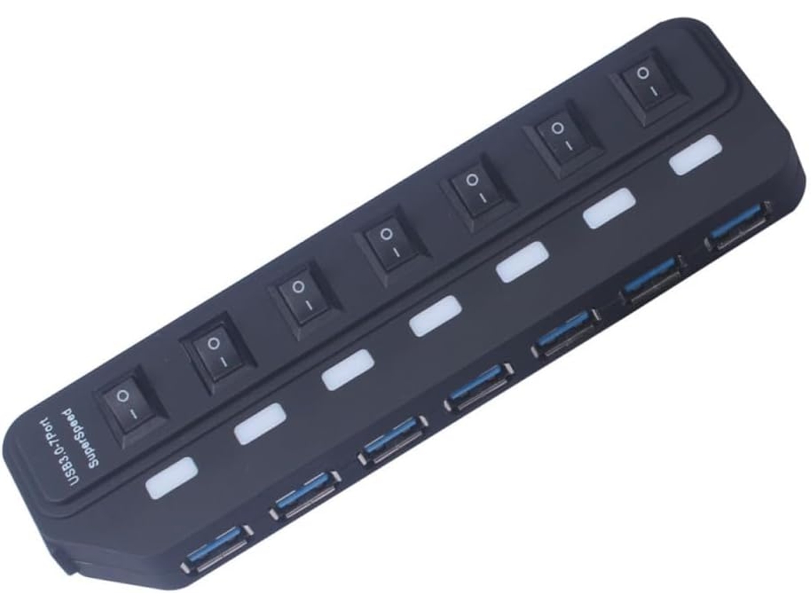 Hub Usb De 7 Portas, Preto, Hub Compacto Em Abs Com Proteção Contra Sobrecarga.