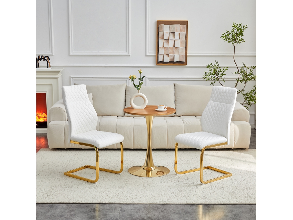 Mesa Madeira 60cm Pés Dourados 2 Cadeiras Brancas Diamante