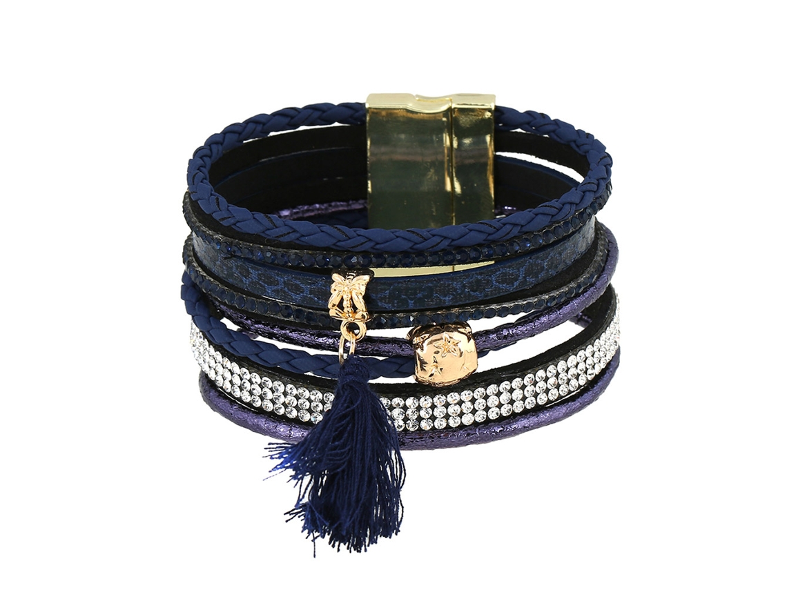 Pulseira De Couro Com Strass E Franges Estilo Elegante