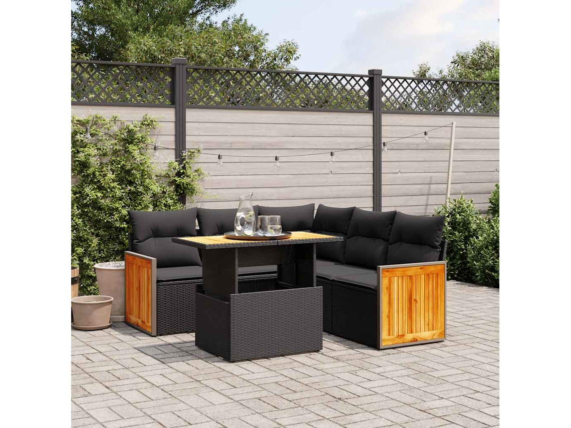 Vidaxl 6 Pcs Conjunto Sofás De Jardim C/ Almofadões Vime Pe Preto