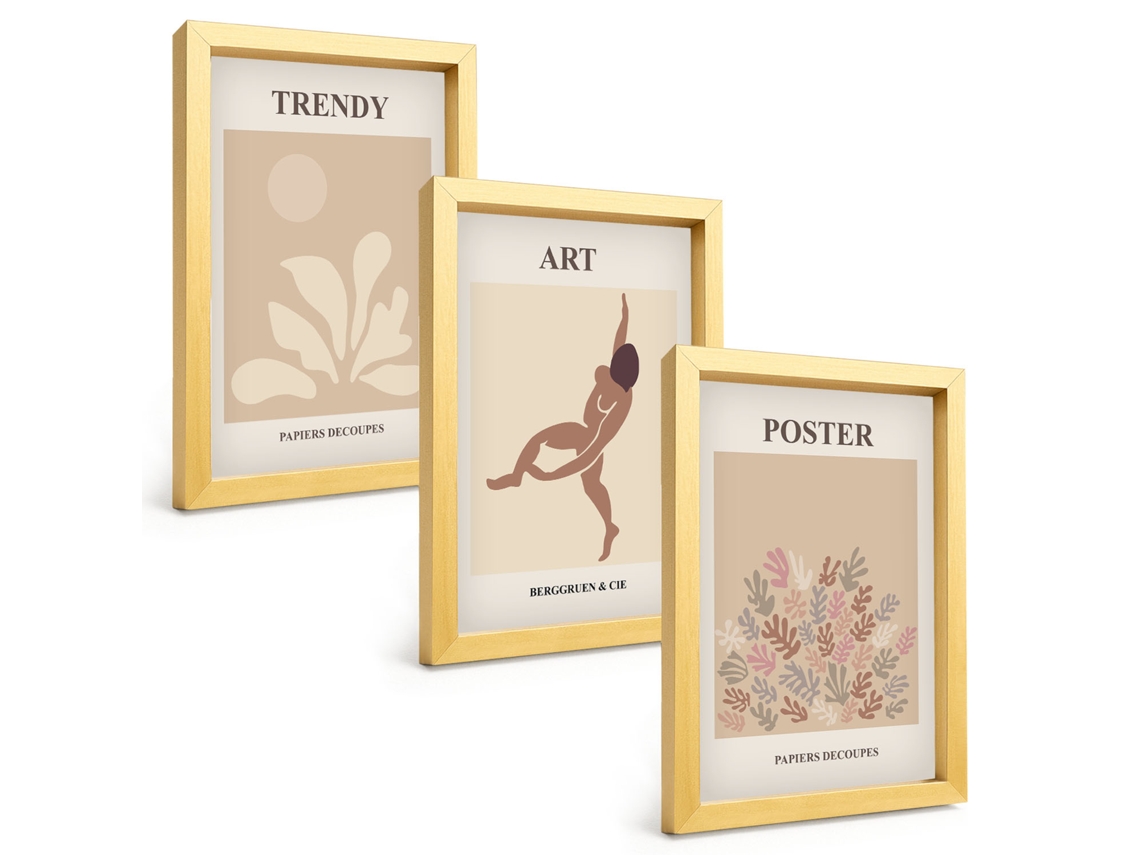 Composição De Quadros Na Paredeformas Abstratas Por Matisse Moldura Dourada Quadros Para A Sala De Estar Espelharte (3 Peças 20x30 Cm)