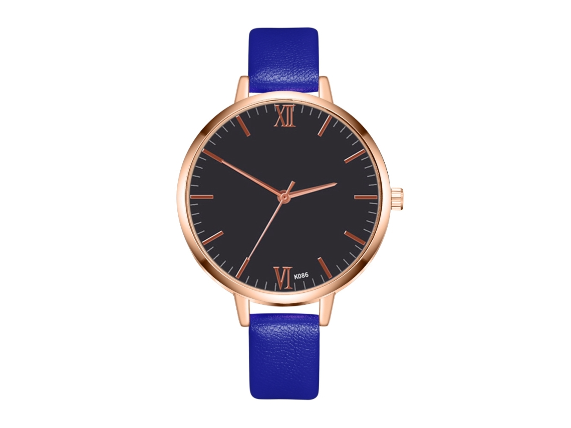 Relógio de Pulso Feminino de Quartzo com Pulseira de Couro Pu Estreito Dial Redondo Grande Moda Azul