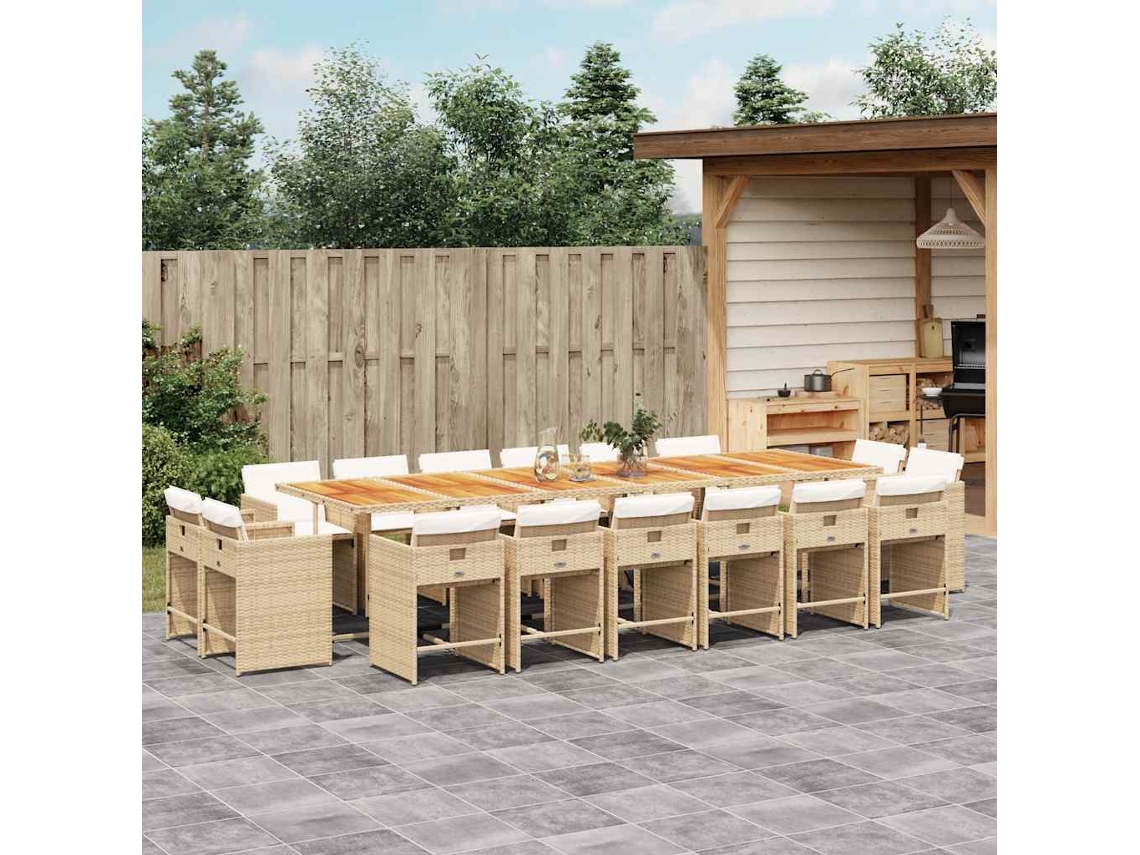 Vidaxl 17 Pcs Conjunto De Jantar P/ Jardim C/ Almofadões Vime Pe Bege