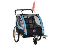 Carrinho De Bebê E Reboque Para Bicicleta 2 Em 1 Com Cinto, Bolsos E Bandeira, Azul