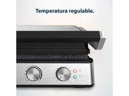 Grelhador Elétrico de 2400 W Que Ajusta O Tempo e a Temperatura Tem Placas Revestidas de Rockstone Laváveis na Máquina de Lavar Loiça e Abert CECOTEC