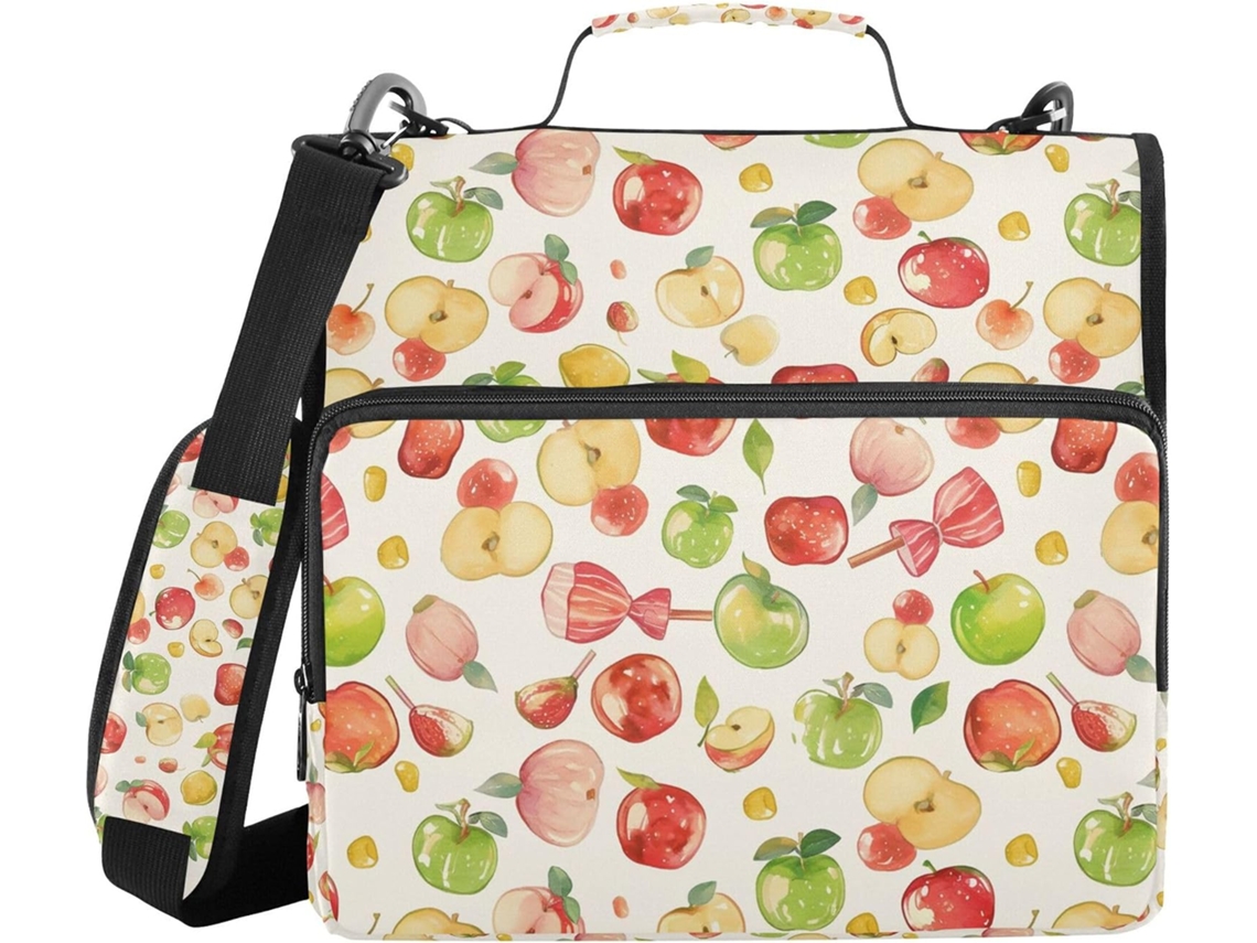Pasta em formato de maçã com design animado, altura ideal para ombro, grande capacidade, 3 argolas, bolsa organizadora.