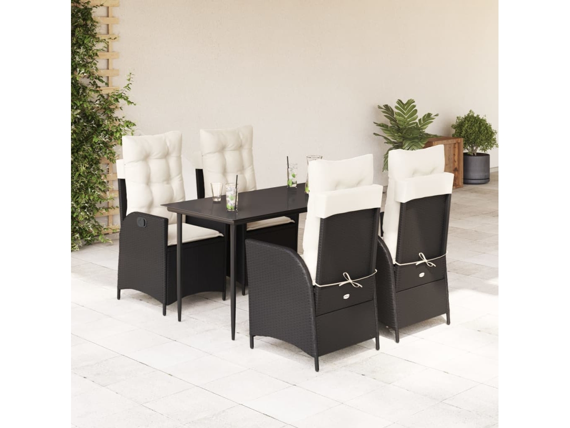 Vidaxl 5 Pcs Conjunto De Jantar P/ Jardim C/ Almofadões Vime Pe Preto